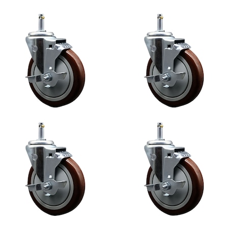 Service Caster 5'' Maroon Poly Swivel 7/16'' Grip Ring Stem Caster Set with Brake, 4PK SCC-GR20S514-PPUB-MRN-TLB-716138-4
